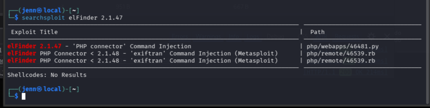 SearchSploit results for elFinder 2.1.47 showing exploit 46481